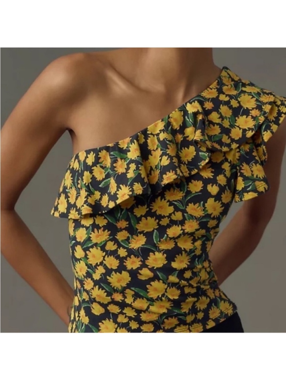 Maeve Yellow Daisy Floral Ruffle One Shoulder Top
